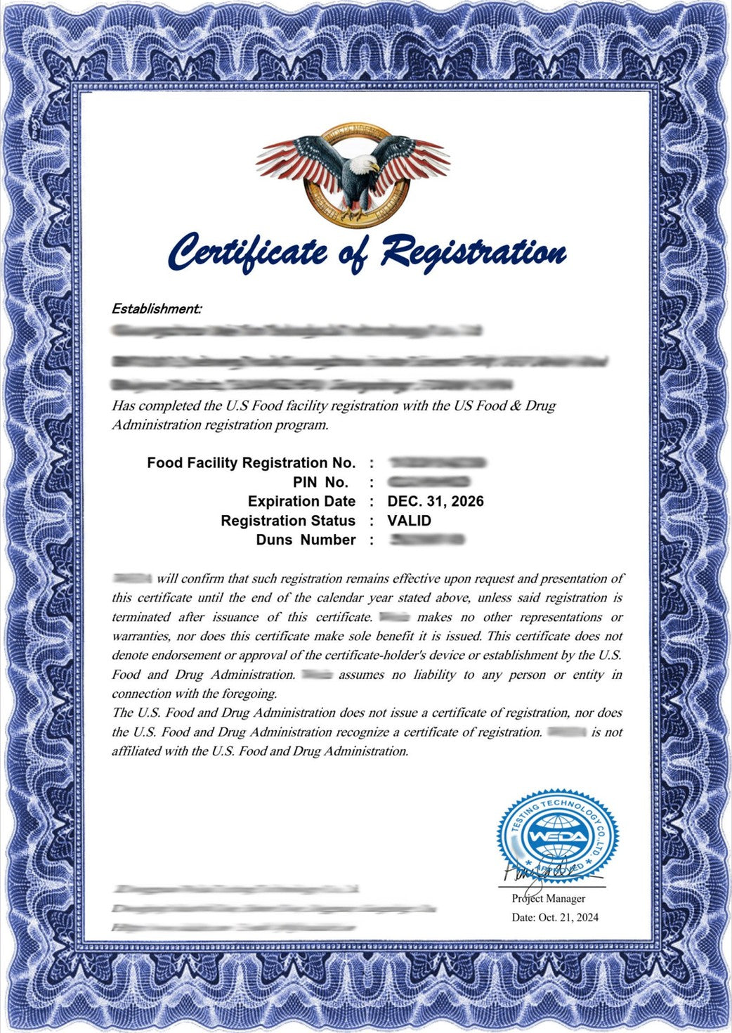 U.S. FDA food facility registration certificate of our manufacturing partner